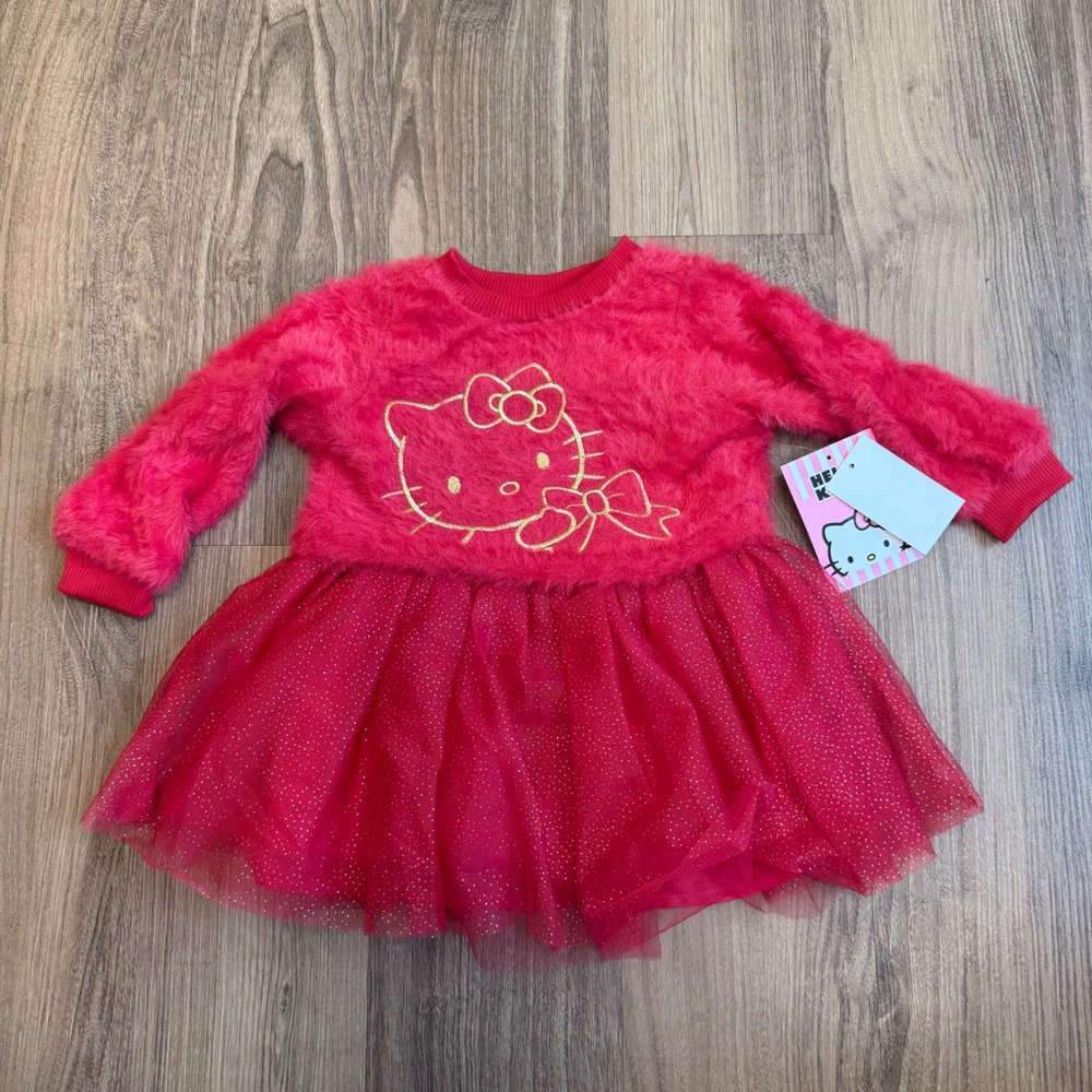 Hello Kitty Toddler Girls Red Faux Fur Glitter Tutu Dress 18M Ribbon Red NWT